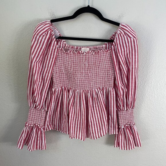 Cinq À Sept Womens XS Tous Les Jours Red White Adly Stripe Smocked Top Blouse - Picture 2 of 7